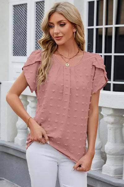 Swiss Dot Round Neck Short Sleeve T-Shirt Dusty Pink Women's T-Shirts - Tophatter Daily Deals